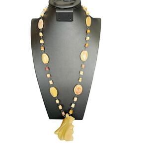 Vintage Boho Carved Stone Pendant with Natural Earth Tone Beads Artisan Jewelry